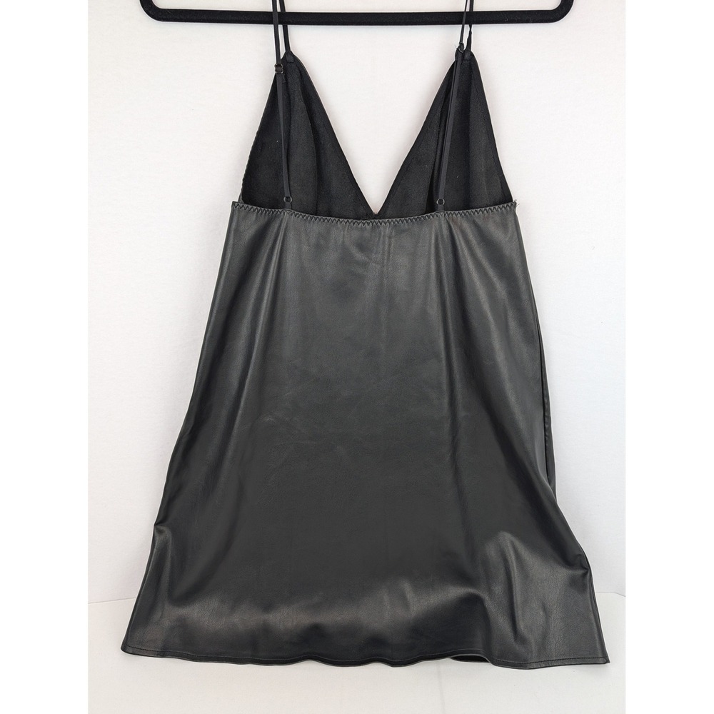 Black Faux Leather V-Neck Mini Dress Empire Waist Adjustable Spaghetti Straps M - Picture 2 of 13